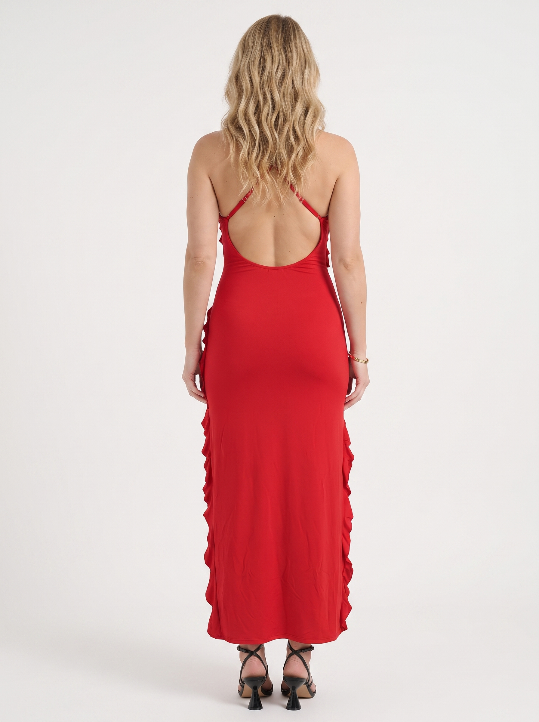 Dora Maxikleid mit Rüschen und Beinschlitz