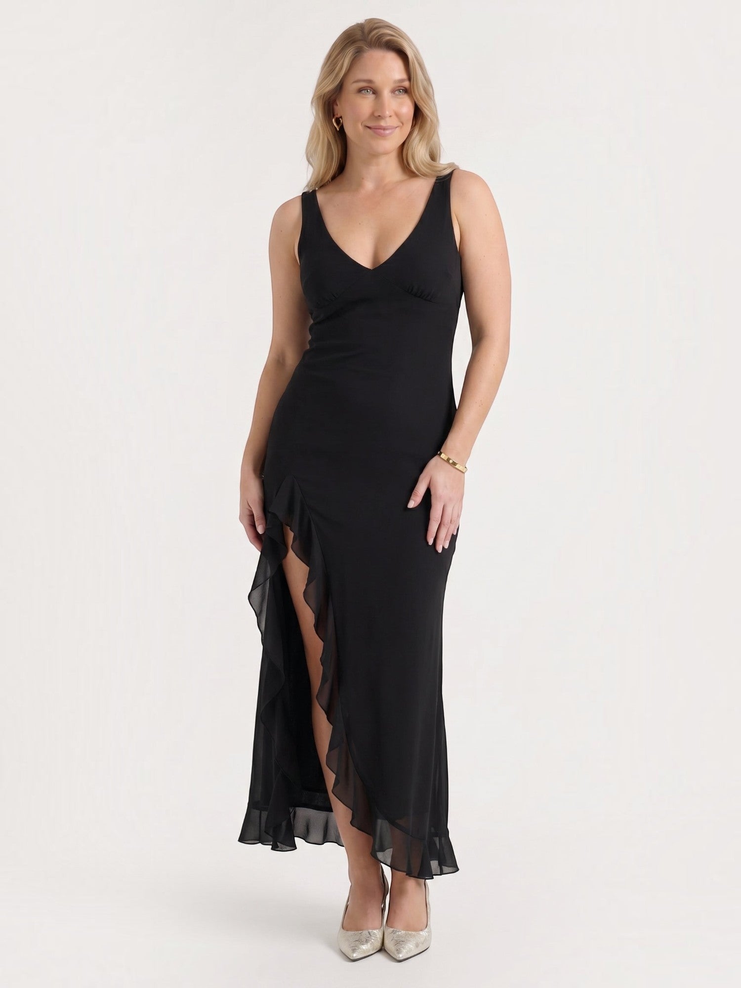 Leslie Midikleid mit V-Ausschnitt und Stufensaum
