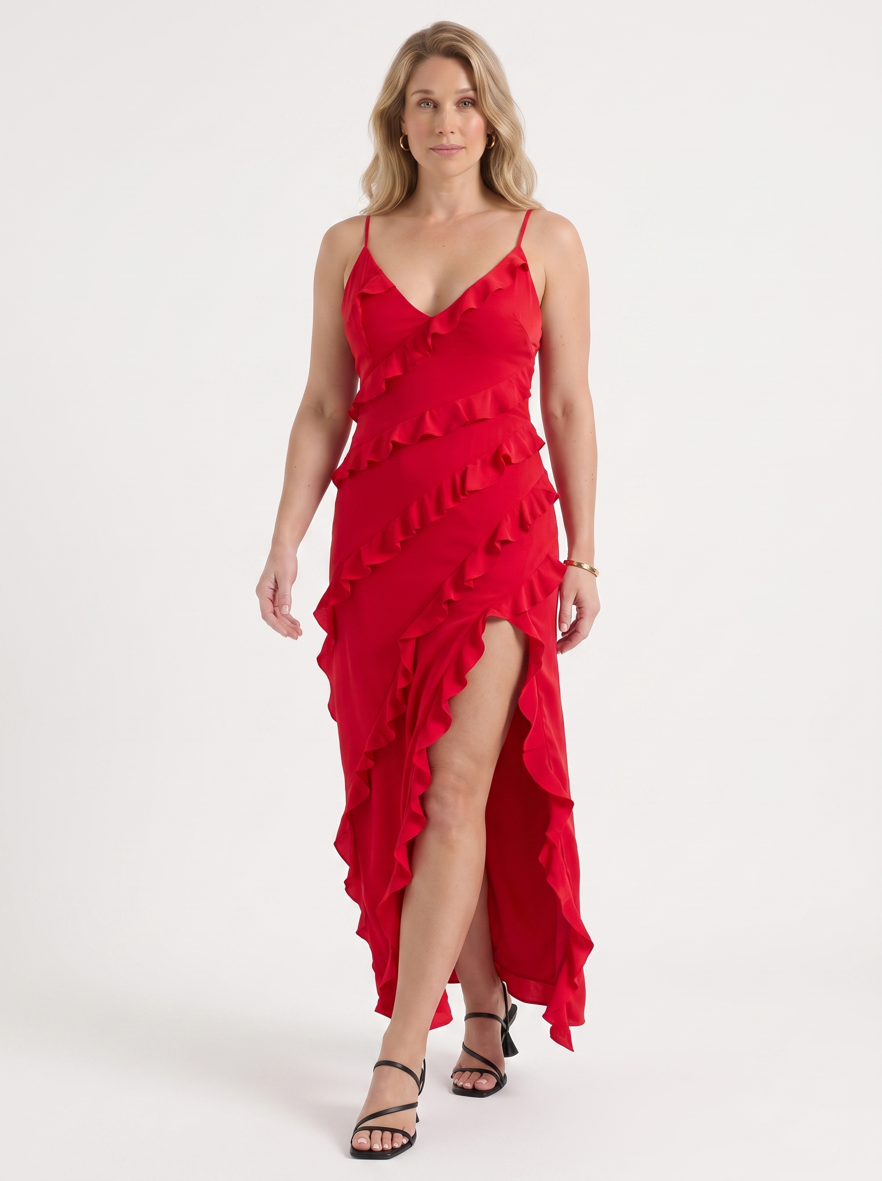 Dora Maxikleid mit Rüschen und Beinschlitz