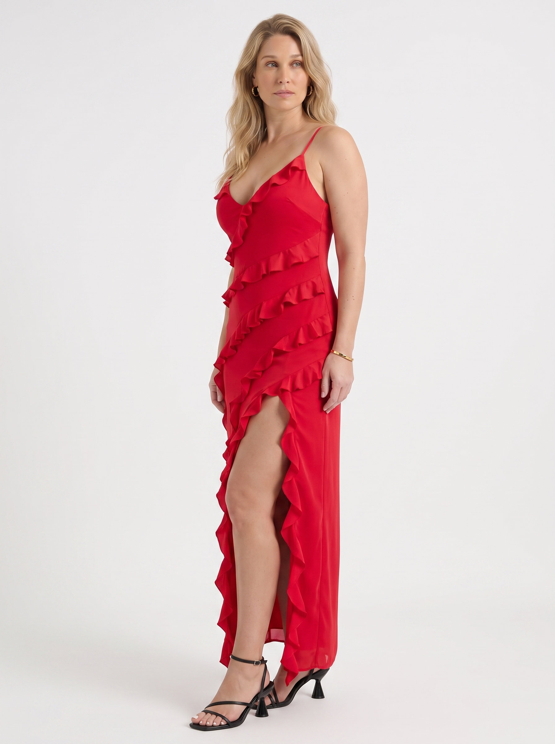 Dora Maxikleid mit Rüschen und Beinschlitz