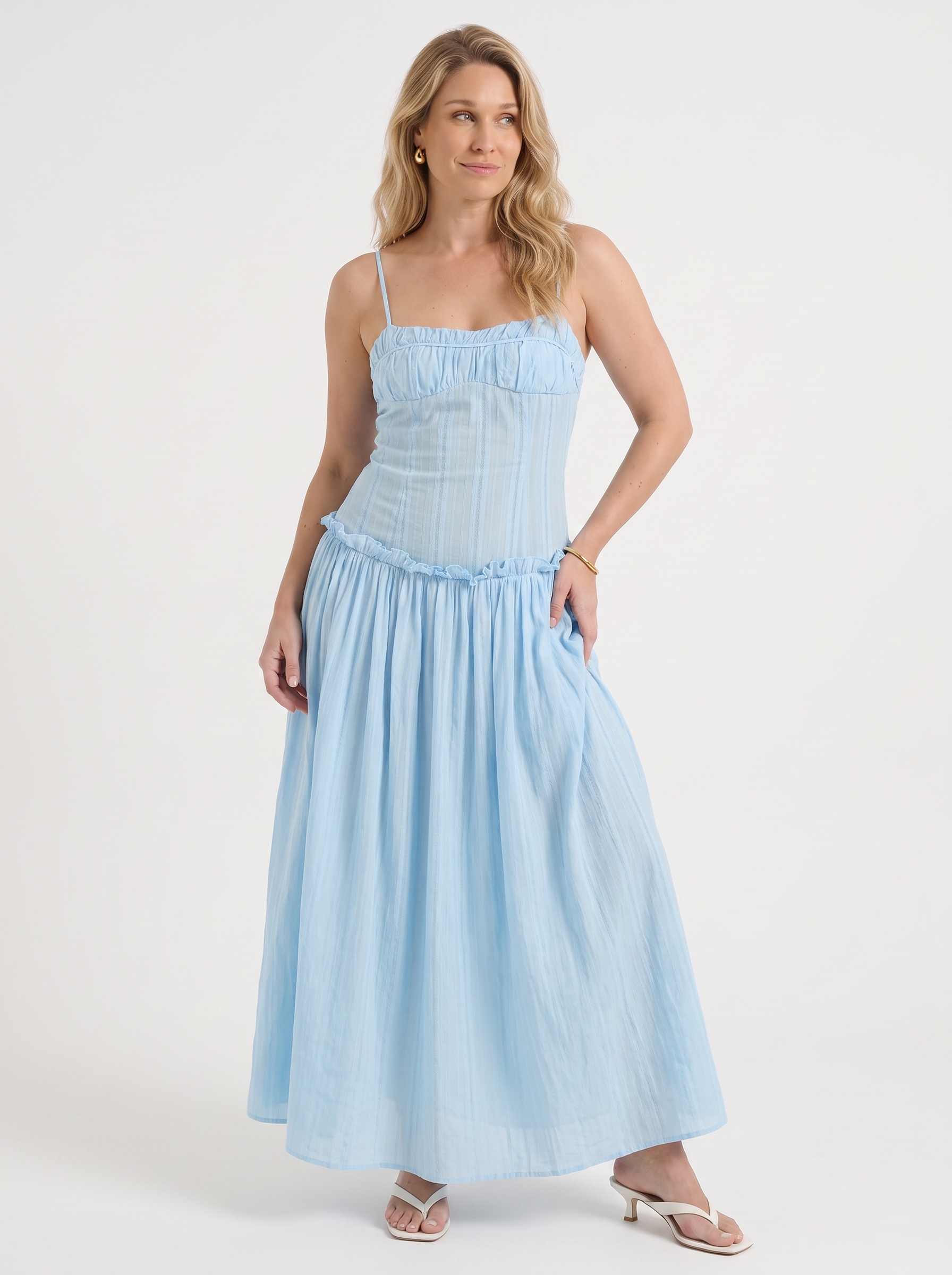 Elena Maxikleid mit Spaghettiträgern und gerafftem Oberteil