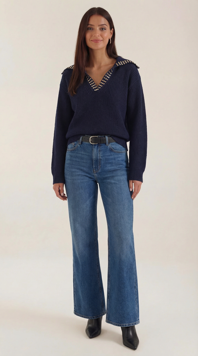 Darlene Strickpullover mit Nietenkragen und V-Ausschnitt